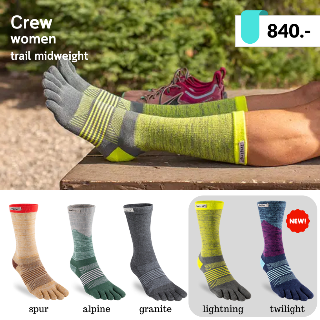 ถุงเท้าแยกนิ้ว Injinji Women's Trail Midweight Crew ความยาวครึ่งน่อง สำหรับวิ่งเทรล วิ่งมาราธอน