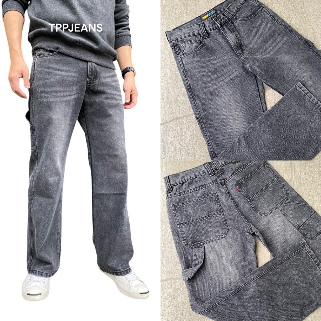 JEANSEXPRESS Straight Denim กางเกงยีนส์ทรงกระบอกชาย สีเทาฟอก ผ้านิ่ม ใส่สบาย เป้าซิป แต่งกระเป๋าหลัง Size 26-36