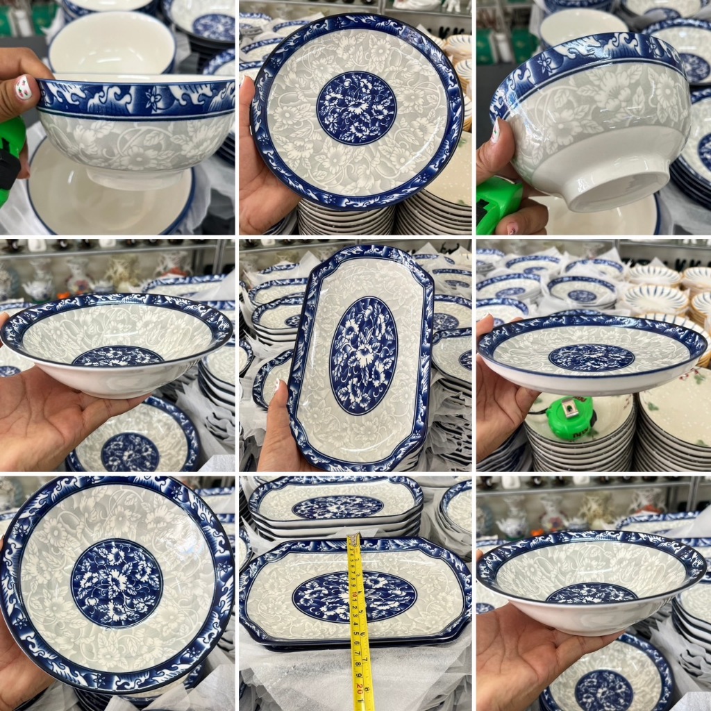 จาน ลายคราม ราคาถูก จานชามเซรามิค หรูหรา ทั้งโต้ะอาหาร ในห้องครัว ร้านอาหาร เข้าไมโครเวฟได้