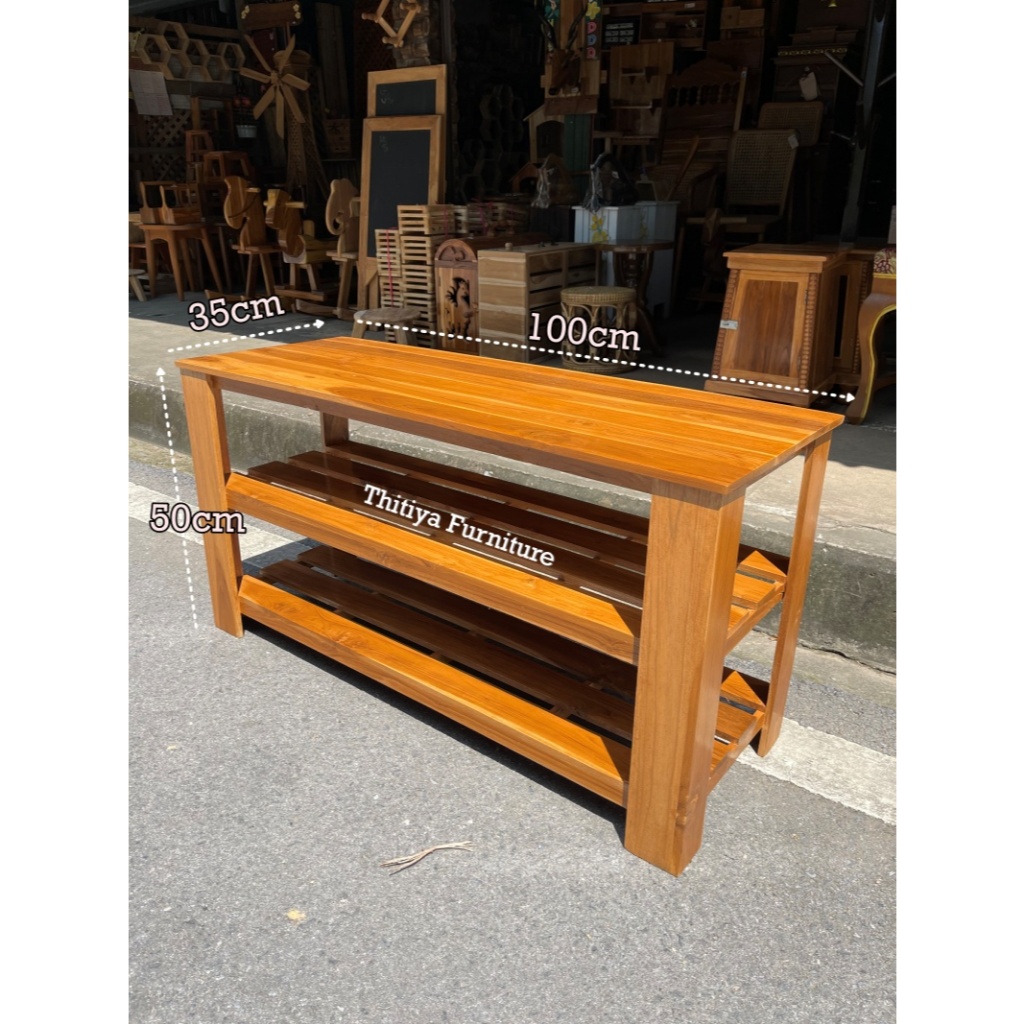 ม้านั่งยาว ไม้สักแท้ พร้อมเคลือบเงา มีชั้นวางรองเท้า2ชั้น สำหรับนั่งเล่น นั่งใส่รองเท้า