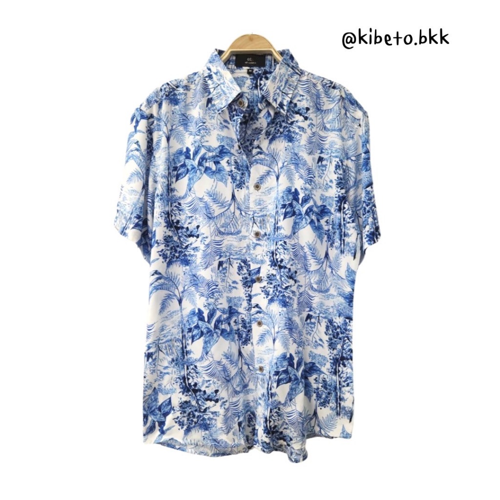 kibeto เสื้อฮาวาย ลายป่าสนสีฟ้า ผ้าสปันเรยอน เนื้อนิ่ม ใส่สบาย