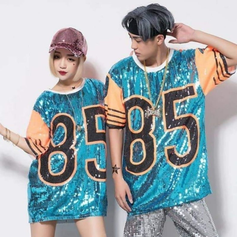 เสื้อยืดปักเลื่อมสีฟ้า เสื้อเลื่อม เสื้อกีฬาวิ้งๆ (สินค้าในไทย )