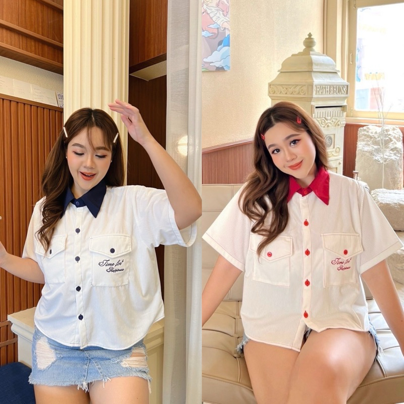 เสื้อเชิ้ตคอปก ผ้าลูกฟูก เสื้อเชิ้ตสาวอวบ อก38-50นิ้ว Freesize