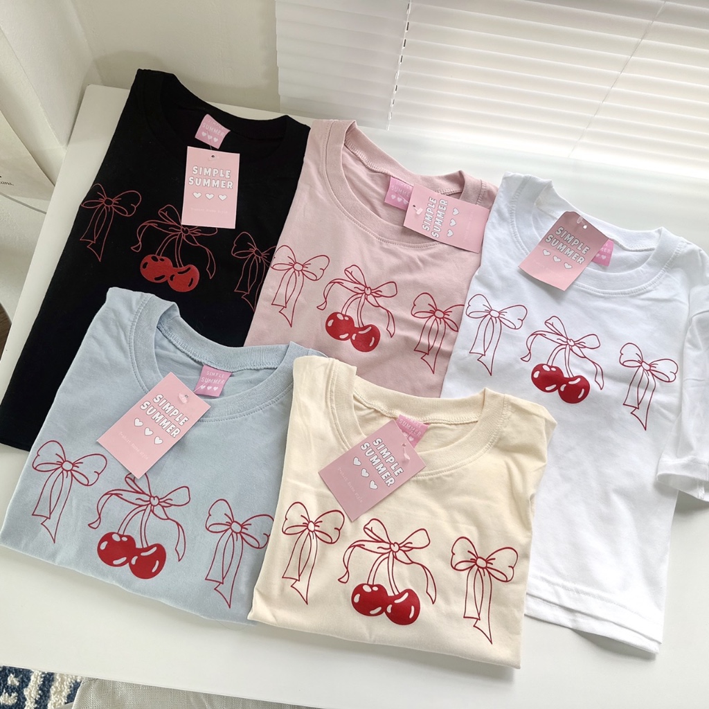 Sugarbeetshop | S365 CROP Cherry bow cherry ลายสกรีนเสื้อยืด ผ้าคอตตอน ทรงครอป