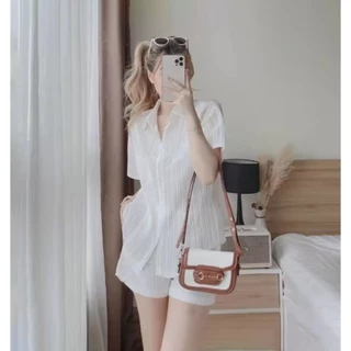 สินค้าพร้อมส่ง ชุดเซตผ้าด๊อบบี้ เสื้อเชิ๊ตกระดุมหน้าผูกหลัง+กางเกง K8500