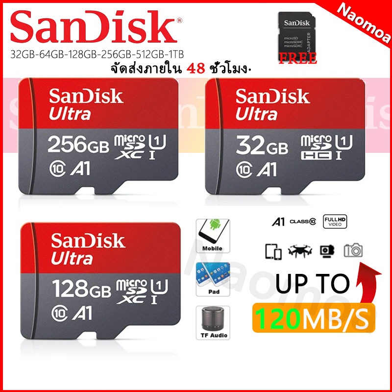 Sandisk MicroSD Cardการ์ดหน่วยความจำวิดีความเร็วสูงสุด 120 MB/s ความจุ256/128/64/32GB Memory Card