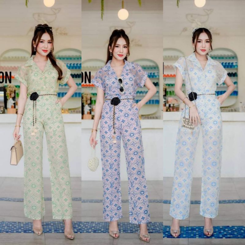(จัดโปรS-XL)ชุดเซตลูกไม้ลายแบรนด์ มี 3สี เสื้อคอปกแขนสั้น+เข็มขัดโซ่ดอกไม้+กางเกงขายาวทรงสวย สวยมาก เรียบหรูลุคผู้ดี