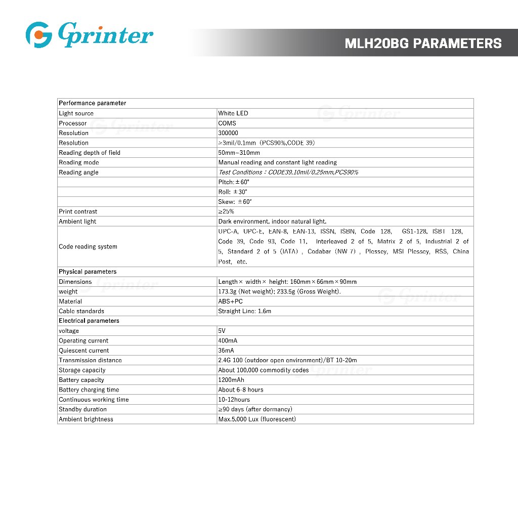 Gprinter MLH20G เครื่องอ่านบาร์โค้ด 2D แบบไร้สาย 2D Wireless laser scanner เครื่องยิงบาร์โค้ด สแกนบาร์โค้ด