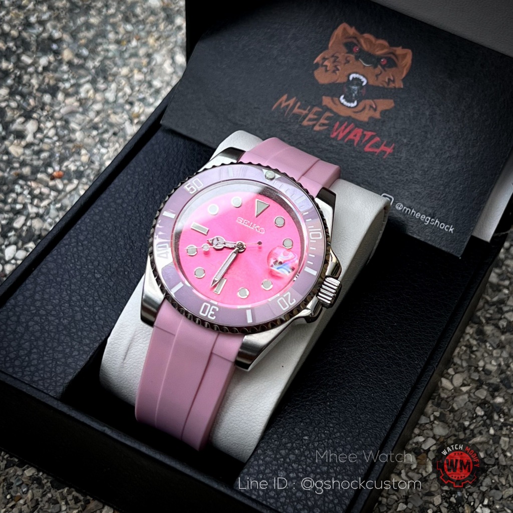 Seiko Mod submarine Ceramic Pink Dial with Rubber strap