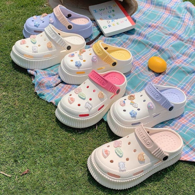 SUNBALEE H-25 รองเท้าหัวโต มีสายรัดส้น แถมตัวติด แตะแบบสวม สีพาสเทล พื้นนิ่ม ใส่สบาย เสริมส้น 5 CM.