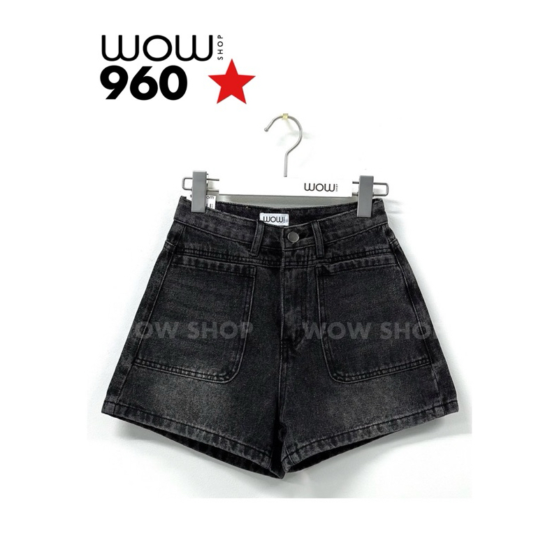 WOW960 ขาสั้นสีดำฟอก กระเป๋าหน้าใหญ่ ผ้าเนื้อนิ่ม