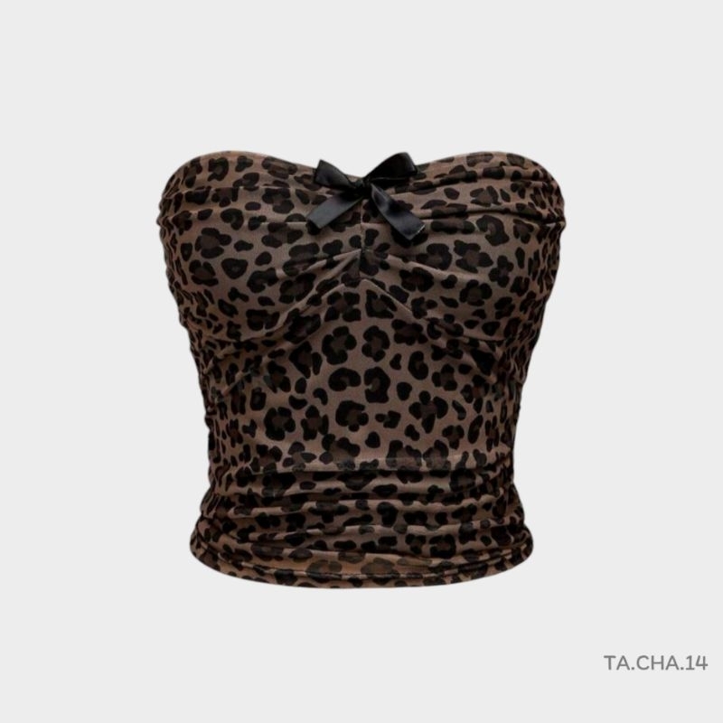 พร้อม​ส่ง​ เสื้อ​เกาะ​อ​ก​ลายเสือดาว​ แต่งโบว์​ด้านหน้า​