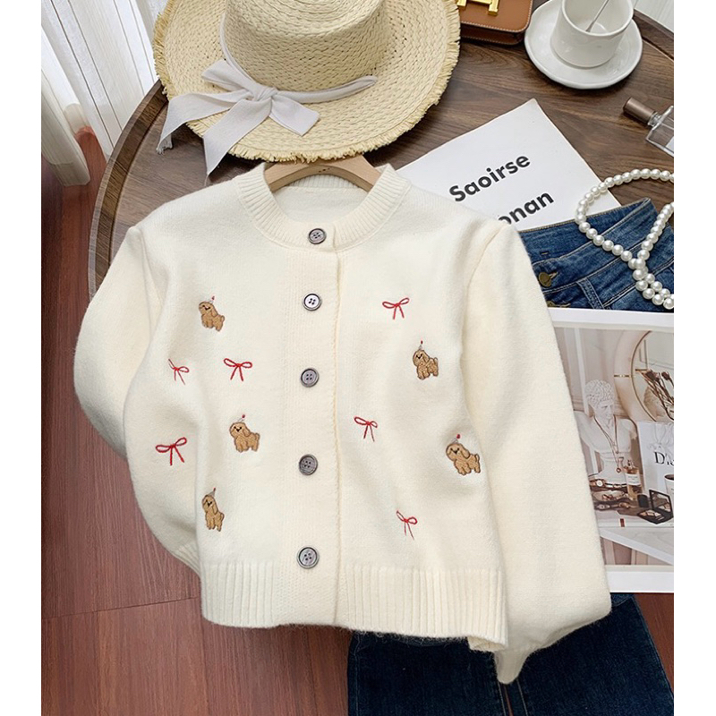 เสื้อคาร์ดิแกนแขนยาวปักลายน้องหมาน่ารัก สไตล์มินิมอลคาเฟ่เกาหลี