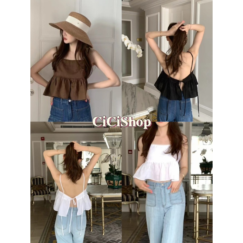 Cicishop(3329) เสื้อสายเดี่ยว detail แต่งชายด้านหน้าพร้อม ผูกด้านหลัง ลูกเล่นในตัวสไตล์สาวญี่ปุ่น