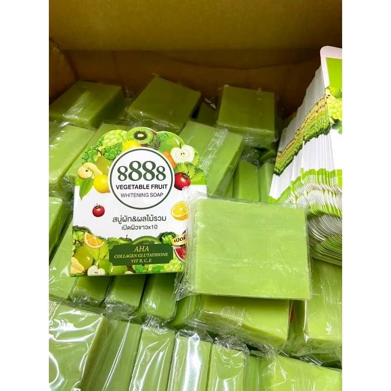 (กล่องเขียว)สบู่8888ผัก&ผลไม้รวมรวมเปิดผิวขาวx10 กล่องเขียว80g