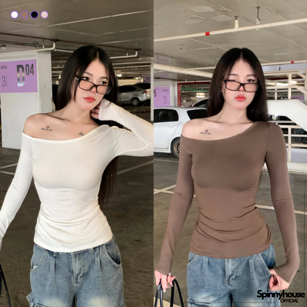 🌈SpinnyHouse🌈เสื้อแขนยาว ปาดไหล่ข้างเดียว ผ้าเรย่อน 🌸 แต่งจับจีบย่นข้างเพิ่มความเพรียว ผ้าบาง รุ่น แขนยาวปาดเฉียง