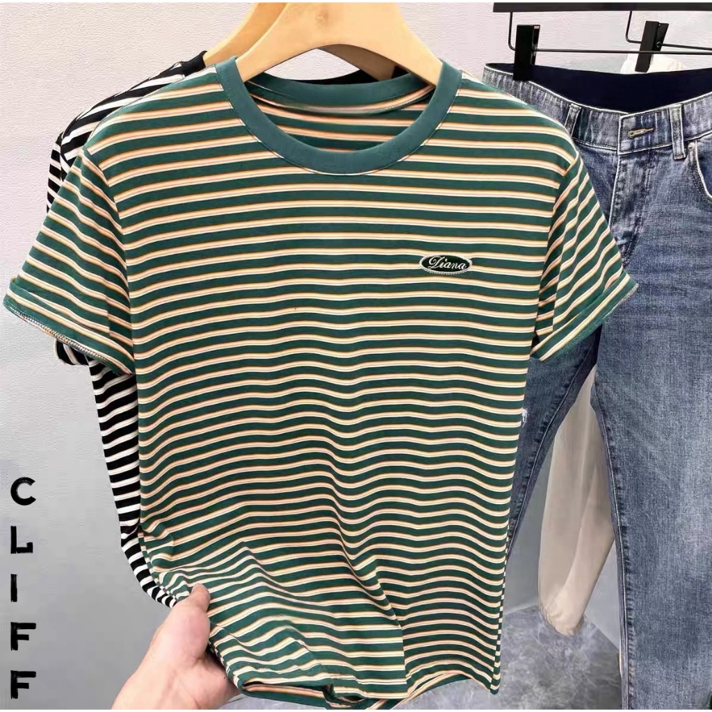 CLIFF เสื้อยืดผู้ชาย เสื้อลายทาง สีผสม ลำลอง คอกลมแขนสั้น ชุดคู่รัก เรียบง่าย