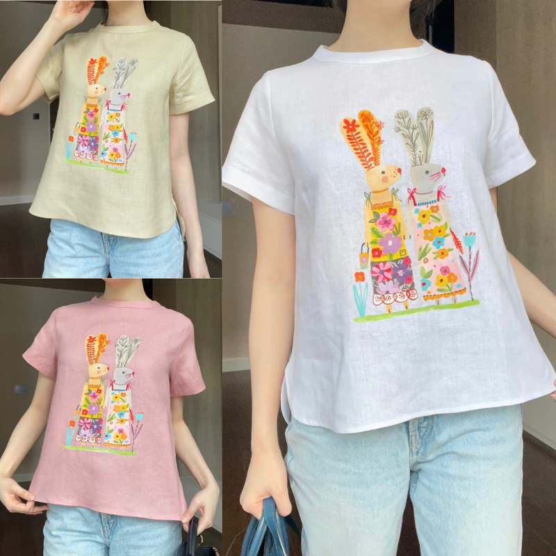 P7เสื้อลินินแท้คอกลมแขนสั้นสกรีนลายกระต่าย