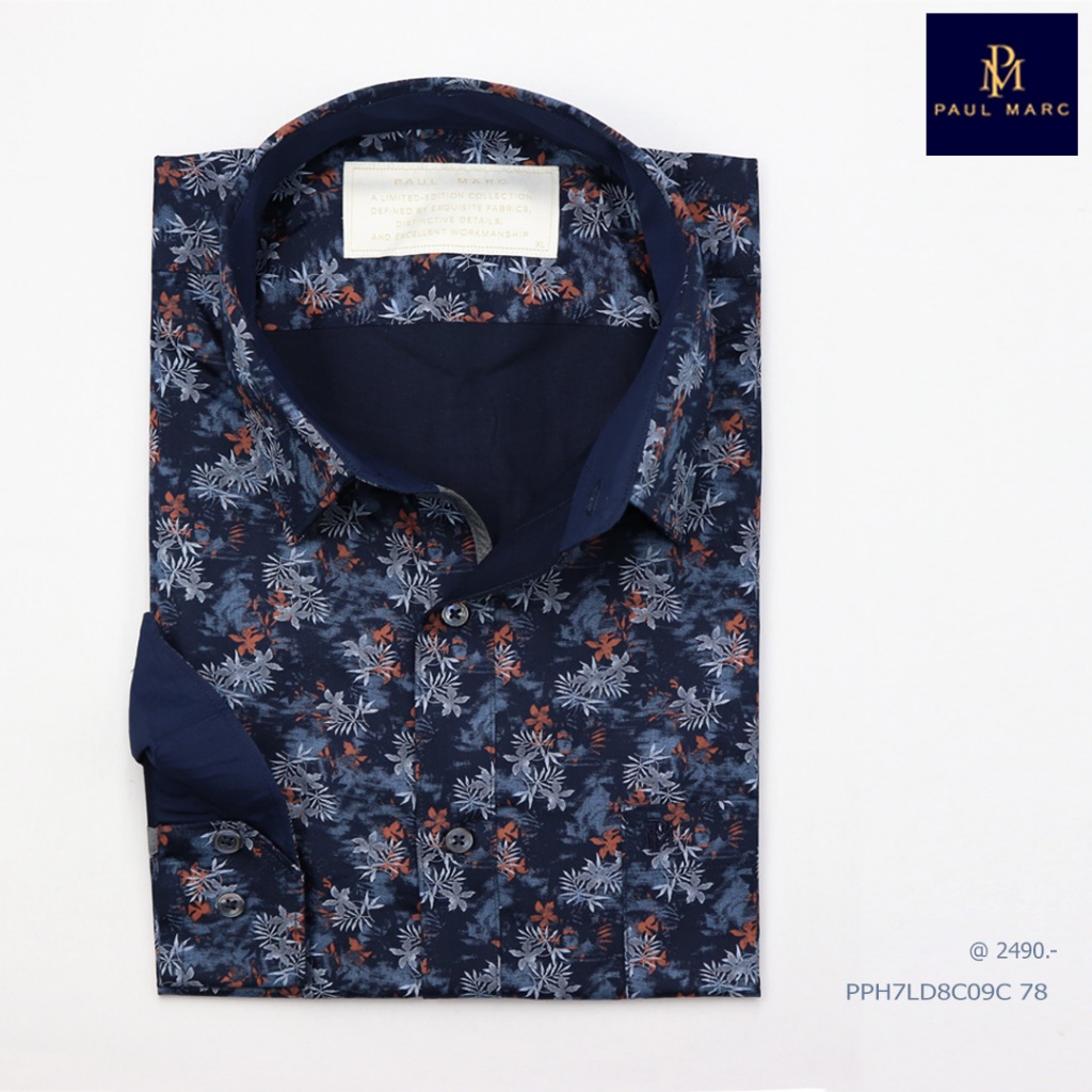 PAUL MARC เสื้อเชิ้ตลายพิมพ์ใบไม้สีน้ำเงิน Slim Fit Signature Print Ultrasoft ผ้านุ่มมาก รีดง่าย