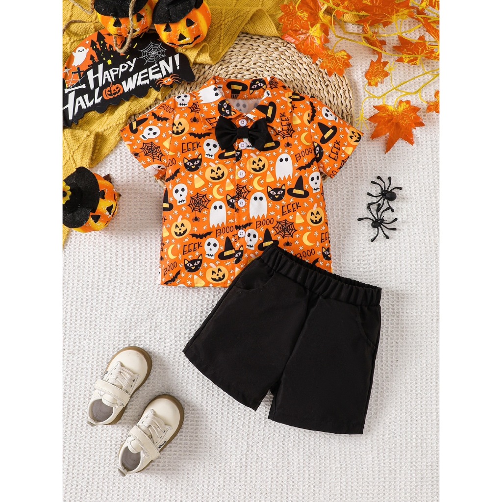 BB057 ชุดฮาโลวีน ผีฟักทอง สําหรับเด็กผู้ชาย เสื้อแขนสั้น และกางเกงขาสั้น ชุดเสื้อผ้าฮาโลวีน น่ารัก