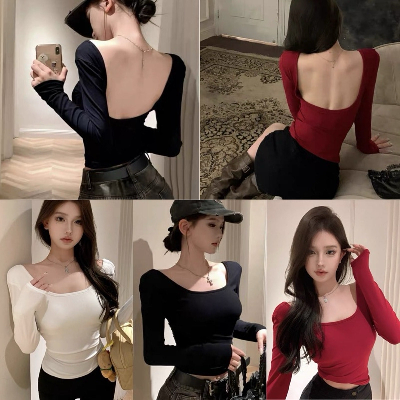 เสื้อแขนยาว ดีเทลเปิดหลัง มีฟองน้ำในตัว มินิมอลสไตล์เวียดนาม พร้อมส่งในไทย น่ารัก