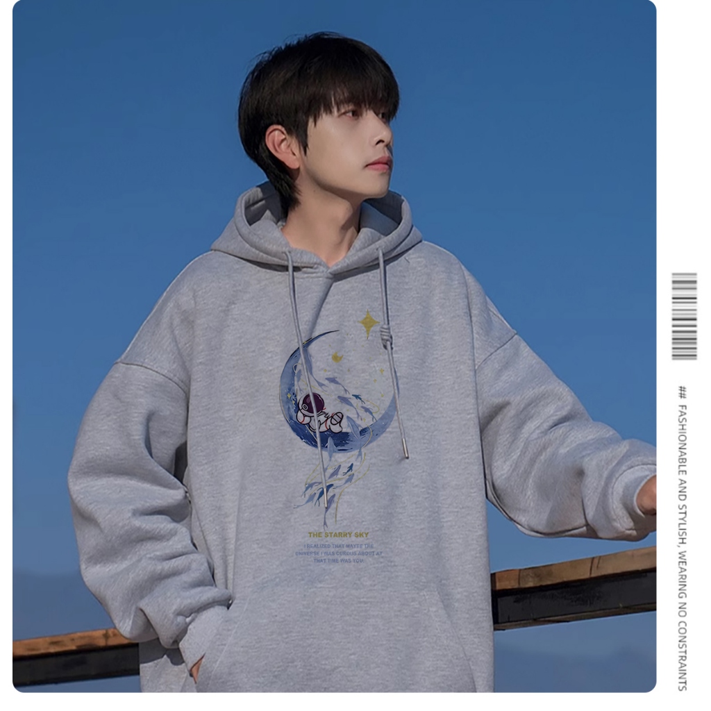 มนุษย์อวกาศ เสื้อฮู้ด แขนยาว ดวงจันทร์ อ่อนนุ่ม อเนกประสงค์ สีดำ สีขาว สีเทา การ์ตูน ชุดคู่ M-3XL【FS】 - รูปที่ 3