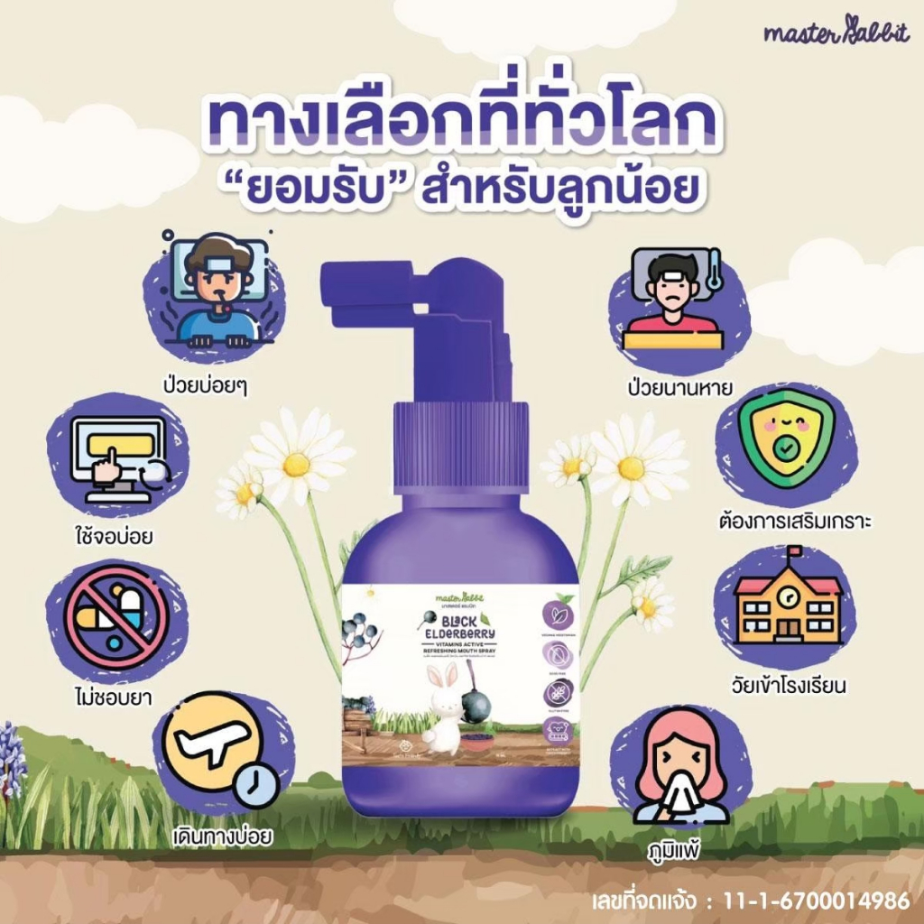 แบล็กเอลเดอร์เบอร์รี่ สเปรย์ สำหรับเด็ก Master Rabbit Black Elderberry Vitamins Active Refressing Mouth Spray ราคา ถูกที่สุด ดีลบีเคเค แกลเลอรีภาพที่ 2