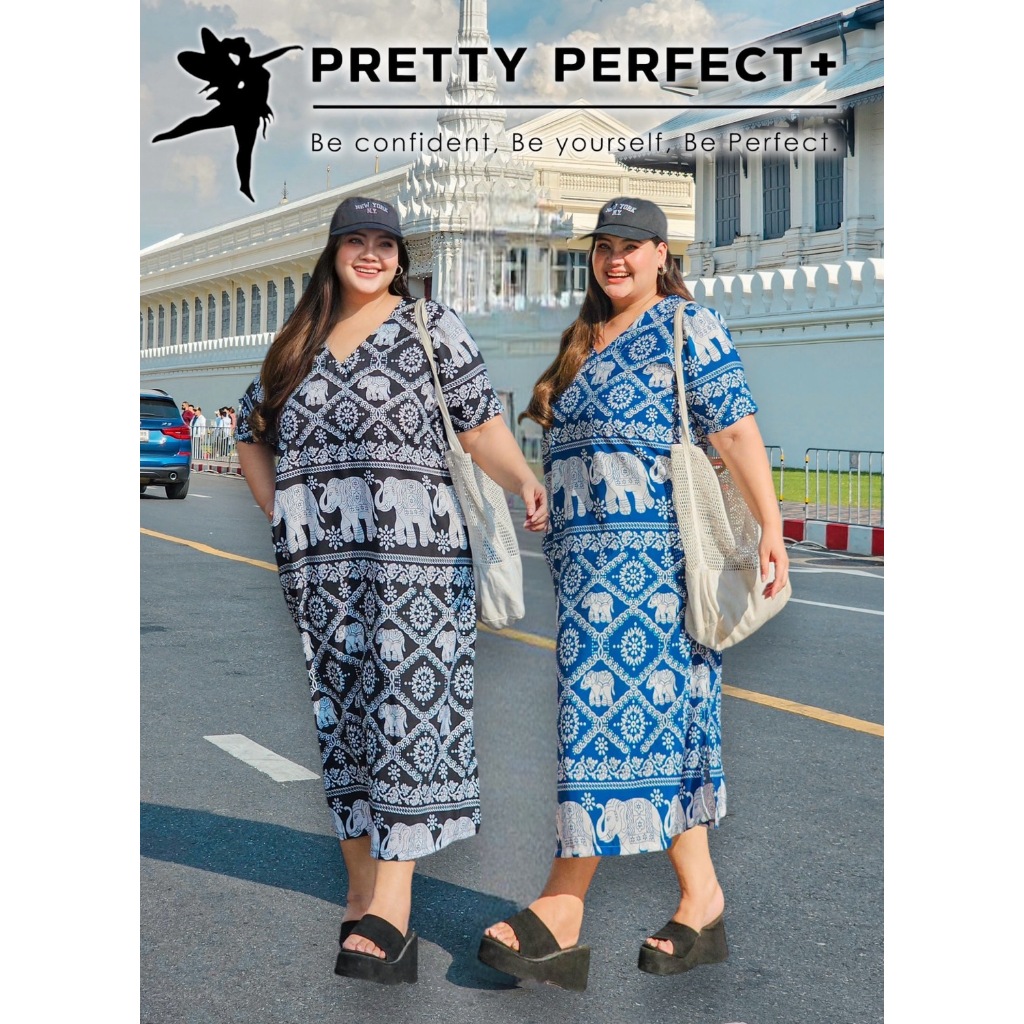 เดรสยาวคอวี มีกระเป๋าข้าง ผ่าข้าง พิมพ์ลายฮิตน้องช้างปังๆ ใส่ง่ายใส่สบายสาวๆ ไม่ควรพลาด พลัสไซส์ สาวอวบอ้วน