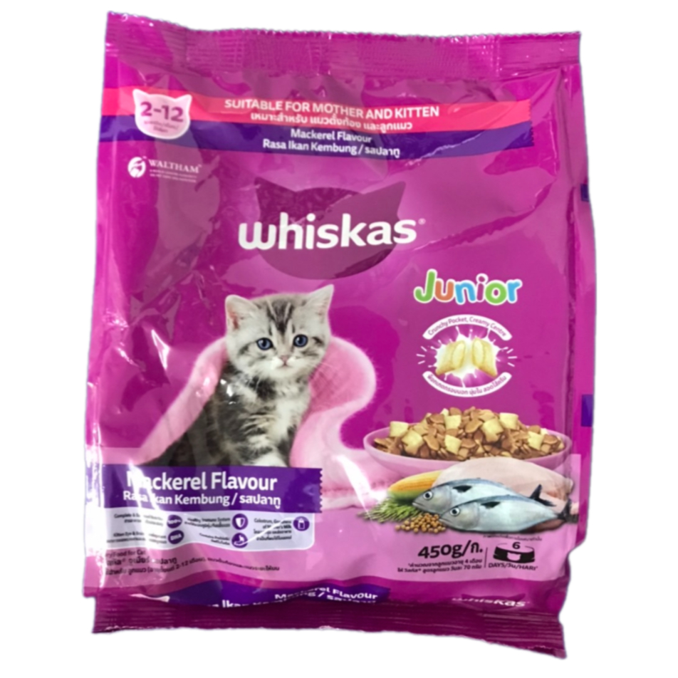 whiskas junior วิสกัส จูเนียร์ รสปลาทู สำหรับ แมวตั้งท้อง และ ลูกแมว 450 กรัม