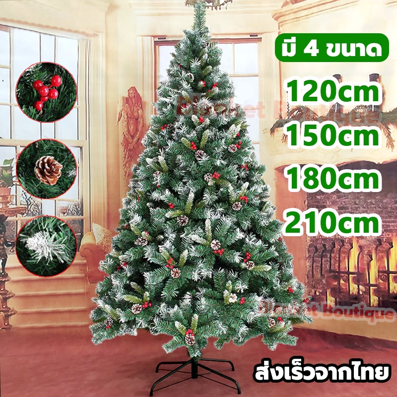 ต้นคริสต์มาสปลอม พร้อมของตกแต่ง ลูกสนและลูกแดง มีหิมะ (ขนาด 120/150/180/210 ซม.)