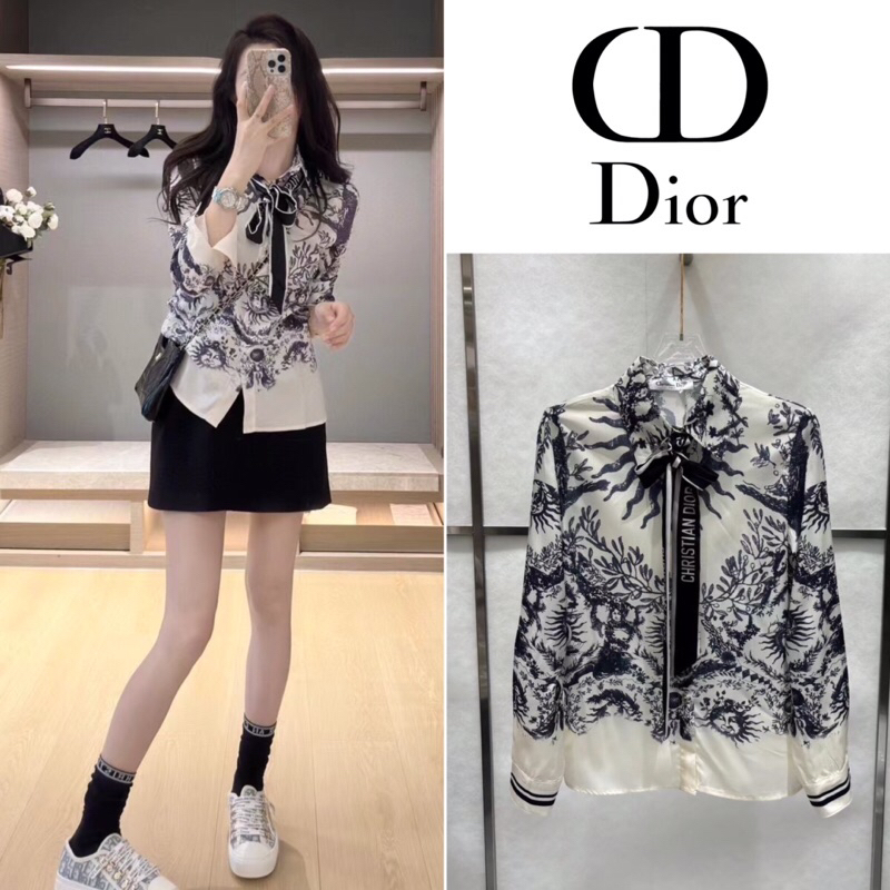 เสื้อเชิ้ตแขนยาวคอปก Christian Dior แต่งโบว์ช่วงคอ