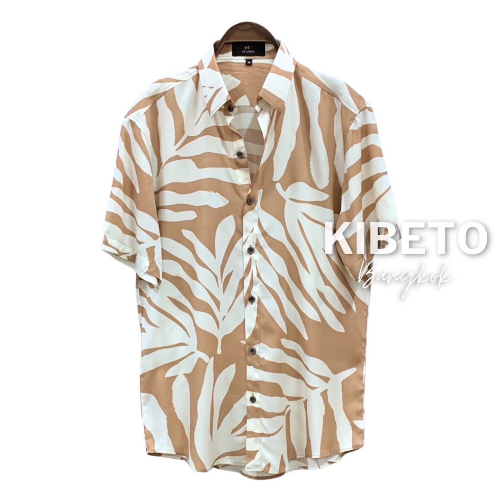 kibeto เสื้อฮาวาย ลายใบจากใหญ่สีกากี ผ้าสปันเรยอน เนื้อนิ่ม ใส่สบาย