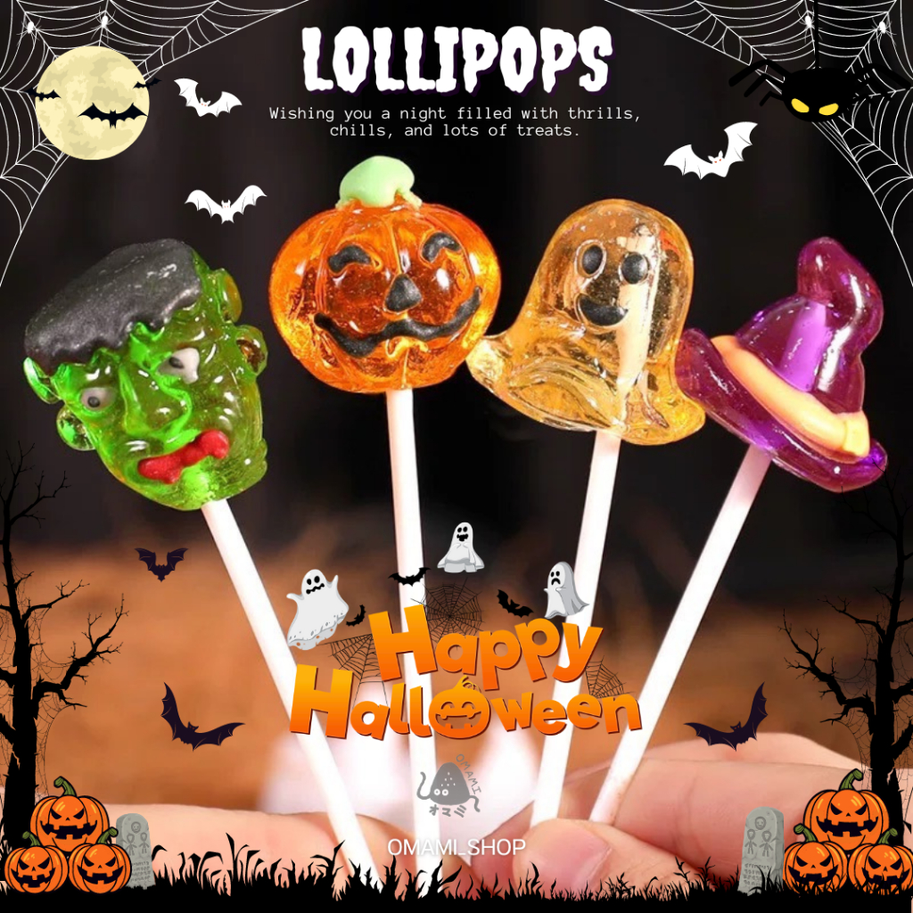 พร้อมส่งด่วน! อมยิ้มฮาโลวีน (Set4-12ชิ้น) Halloween Candy ลูกอมผลไม้ ขนมฮาโดลวีน ขนมเทศกาล สำหรับปาร์ตี้ อร่อย สีสันสดใส