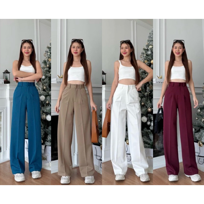 กางเกงเอวสูงทรงขากระบอกกลางผ้าโรเชฟพรีเมี่ยมมีกระเป๋าS-XL