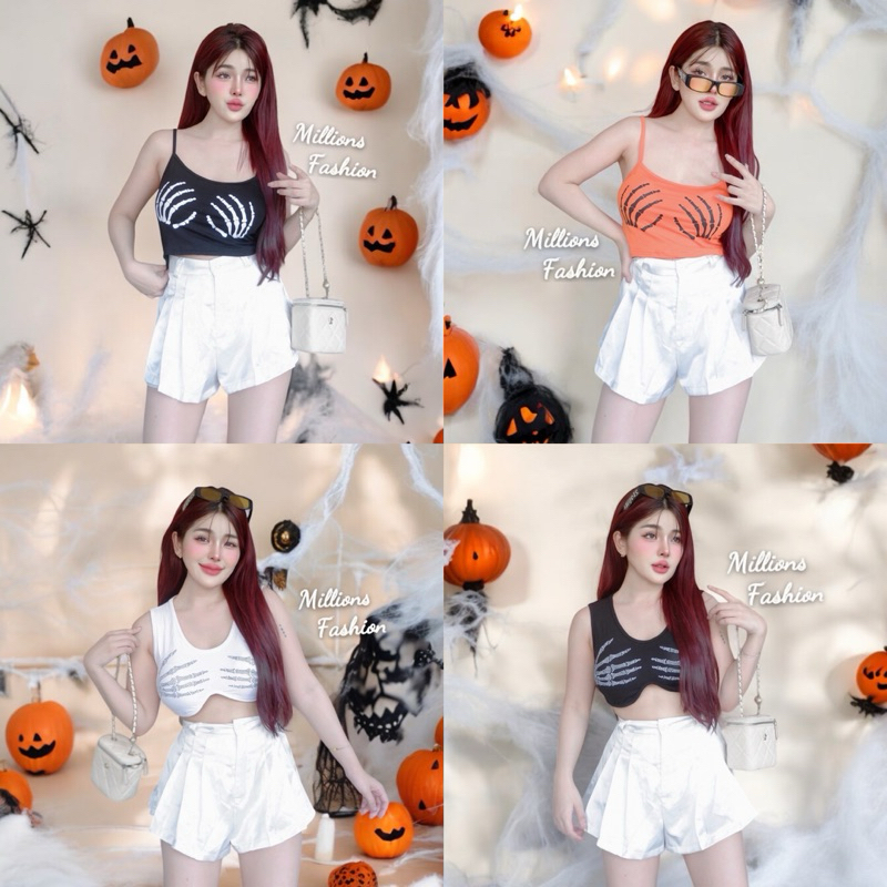 Pangpang เสื้อครอป ฮาโลวีน กล้าม สายเดี่ยว สกรีนลายมือ เสริมฟองน้ำ ผ้าเรย่อน
