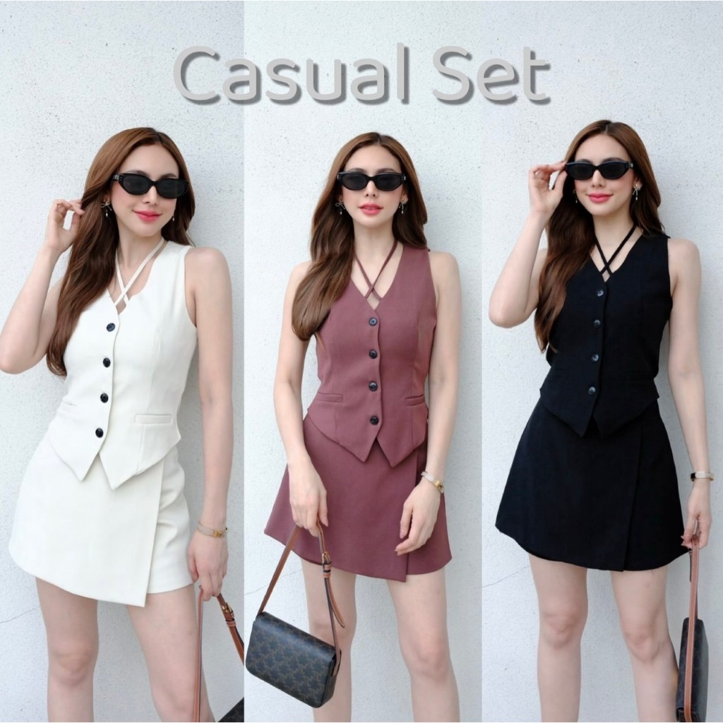 ชุดเซ็ท 2 ชิ้นกระโปรงสั้น งานเสื้อกั๊ก (S/M/L) งานสวย ผ้าเนียบ งานเซ็ทกระโปรงป้ายบน เสื้อแขนกุดแต่งกระดุม Thitiya.