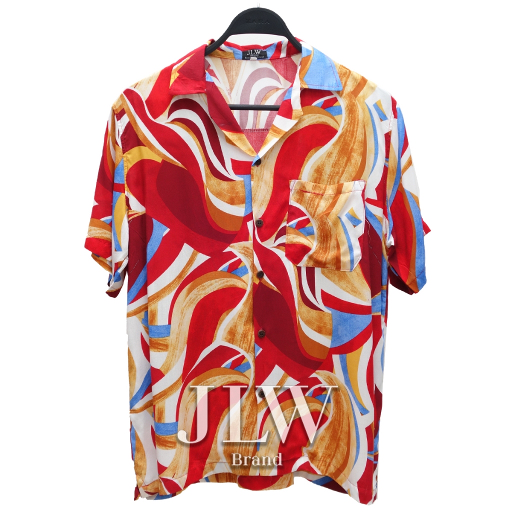 เสื้อฮาวาย ลายกลีบทิวลิป แดง ผ้านิ่ม M L XL Oversize คอฮาวาย JLW BRAND