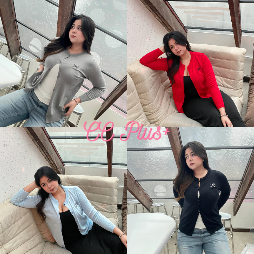 CiCi Plus+(A2353) เสื้อไหมพรมคาดิแกนไหมพรมแขนยาว ปักลายโบว์ กระดุมหน้า สไตล์สาวพลัสไซส์