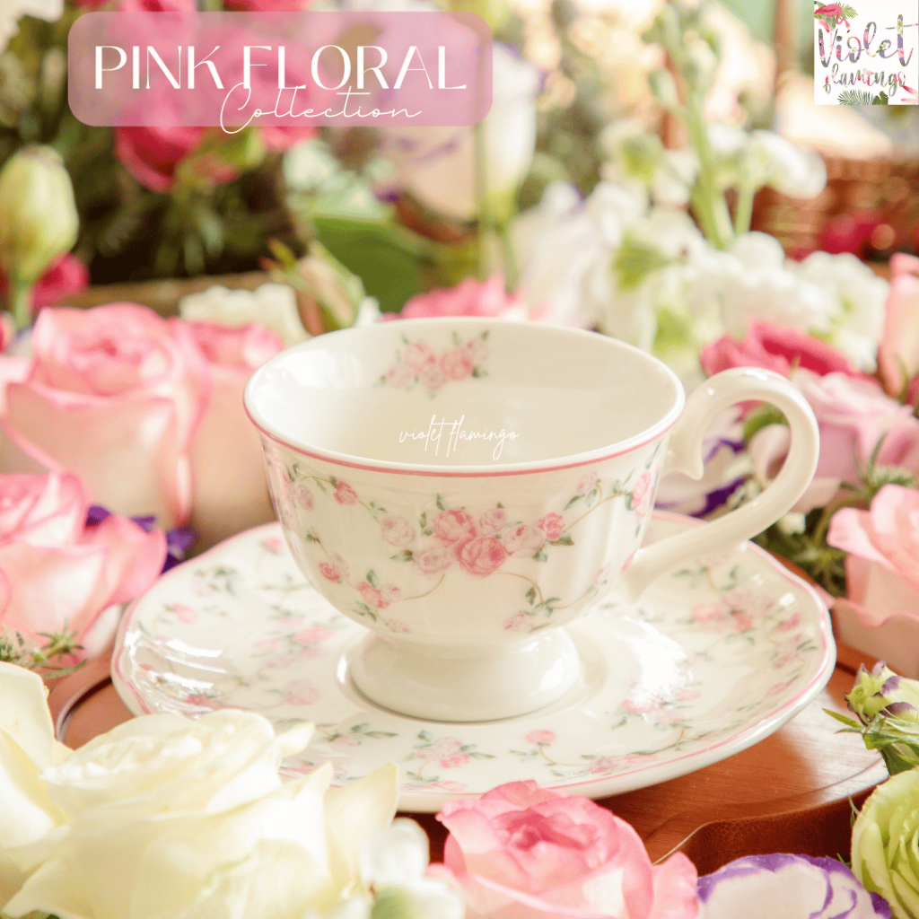 Violet Flamingo แก้วกาแฟพร้อมจานรองลายดอกไม้สีชมพู (pink floral tea cup and saucer) แก้วกาแฟ 160 ซีซี