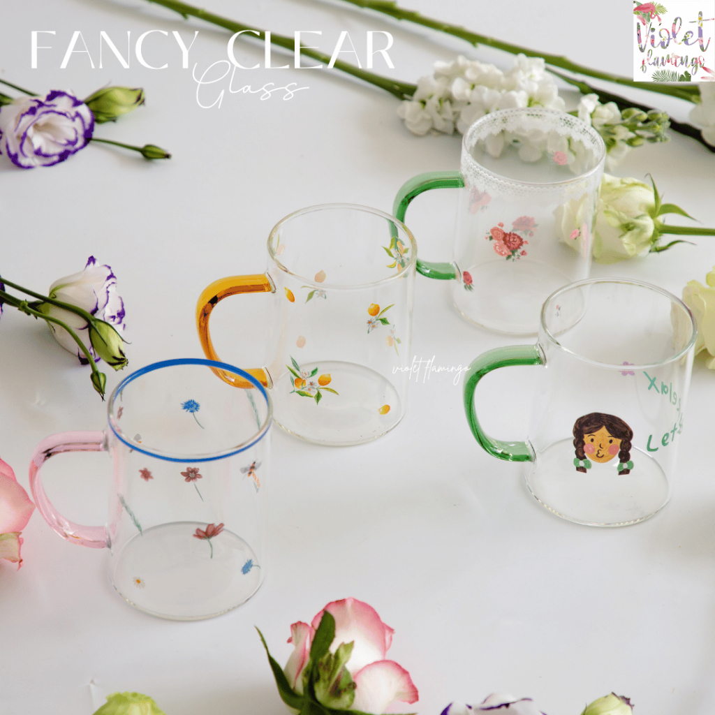 Violet Flamingo แก้วน้ำ/ แก้วใสมีมือจับ รุ่น Fancy Clear Mug แก้วลายผลไม้ ดอกไม้ ใส่น้ำร้อนน้ำเย็นได้ ความจุ 480ML