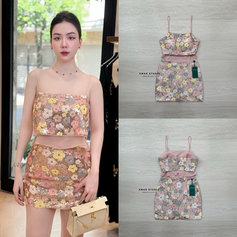 Set เสื้อสายเดี่ยวผ้าปักเลื่อมดอกไม้หลายสีแต่งผ้าออแกนซ่าสีชมพู กระโปรงงาน ป้าย Swan
