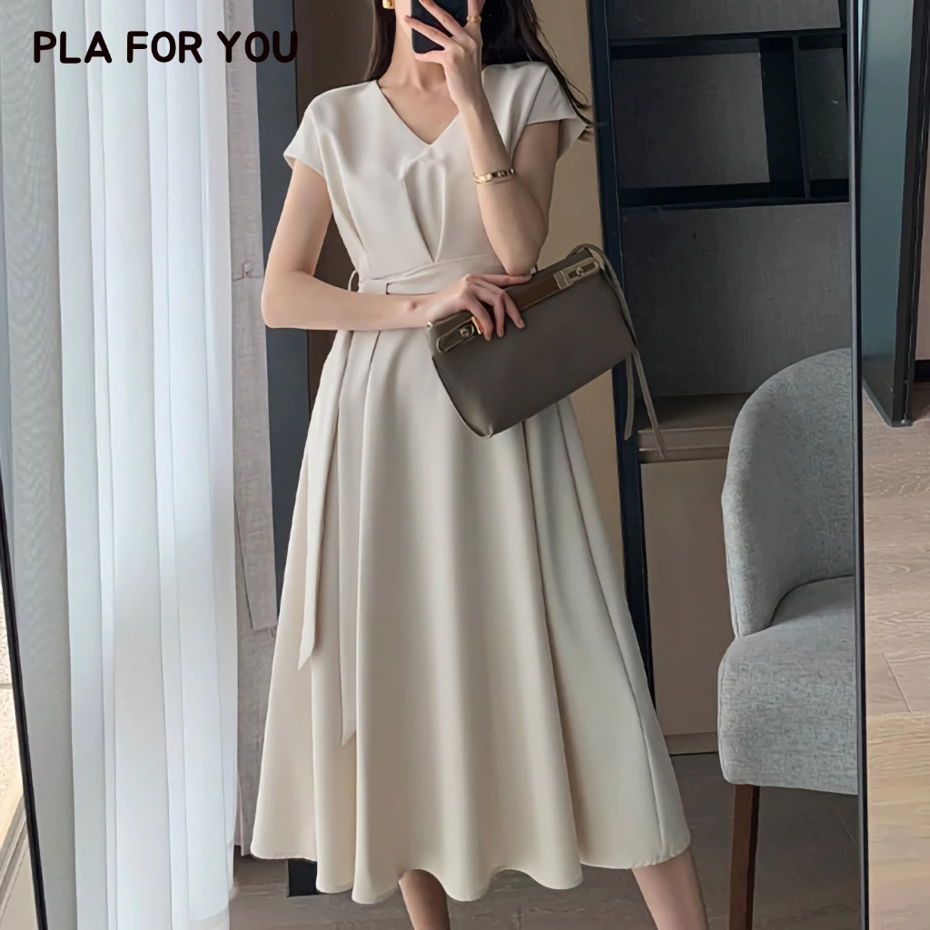 🌈S-5XL🌷เดรสยาว คอวี มีเชือกผูกเอวเข้ารูป พรางหุ่น เหมาะสำหรับสาวอวบ พลัสไซซ์ เดรสออกงาน ใส่สบาย