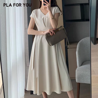 🌈S-5XL🌷เดรสยาว คอวี มีเชือกผูกเอวเข้ารูป พรางหุ่น เหมาะสำหรับสาวอวบ พลัสไซซ์ เดรสออกงาน ใส่สบาย