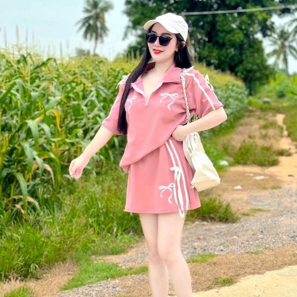 งานใหม่ ชุดเซ็ทโบว์หวาน เสื้อโอเวอไซส์+กางเกงกระโปรง สาวอวบใส่ได้