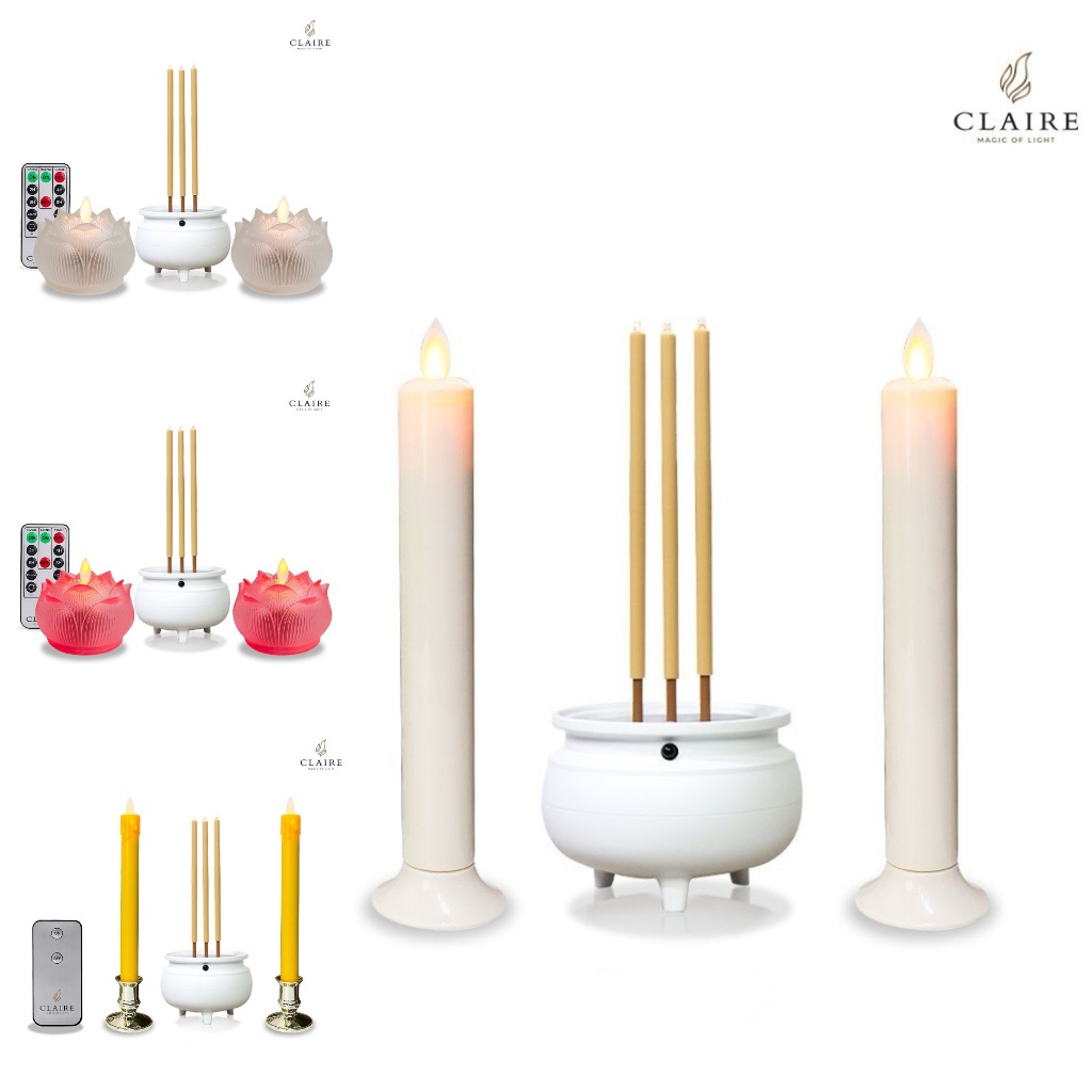 ธูปเทียนไฟฟ้า LED(คู่) (Claire) (กระถางธูปขาว + เทียน(คู่))