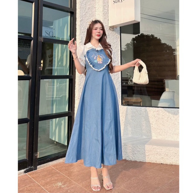 (l,xl) เดรสยาว เดรสยีนส์ ปักลายกระต่าย น่ารัก งานป้าย chalita