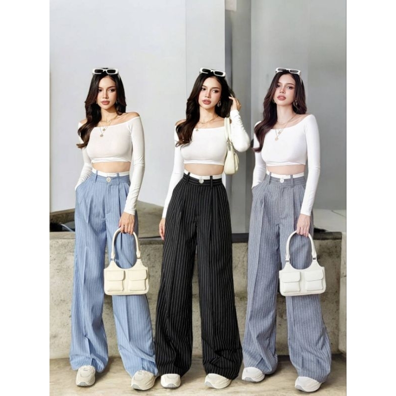 #COTTON CANDY กางเกงขายาวริ้ว ขอบขาว New Jenny korea pants