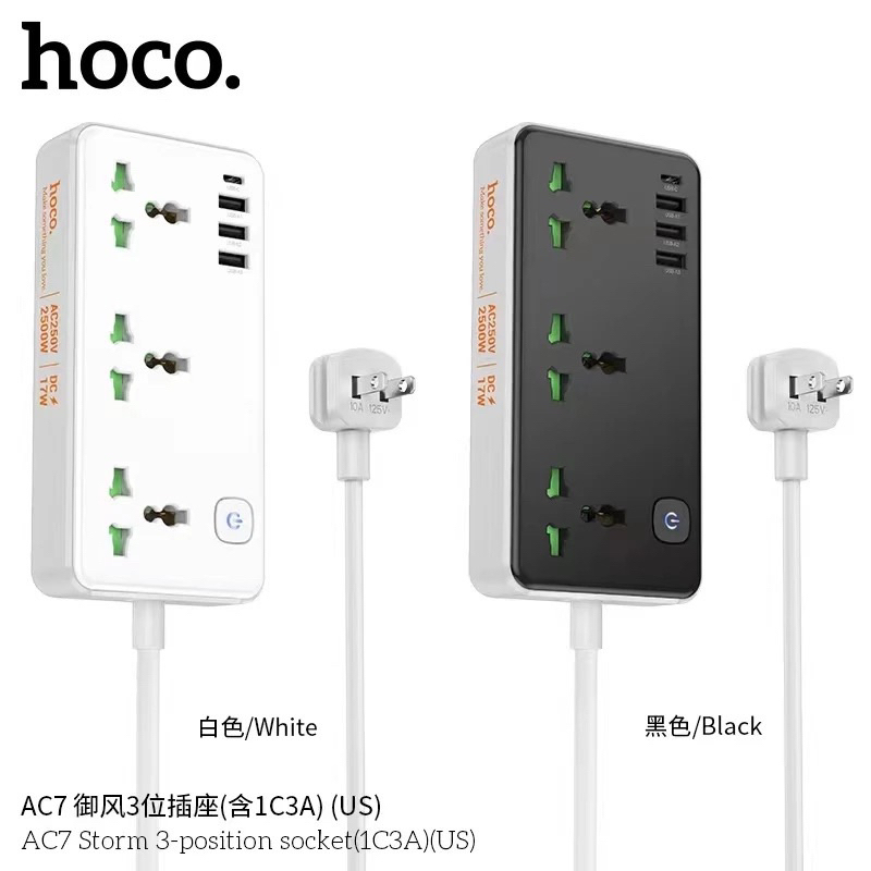 Hoco AC7 ปลั๊กไฟ 3ช่องUSB 1ช่องType-C USB ปลั๊กไฟ 3 ตา ความยาว1.5 เมตร กำลังไฟ AC250V-2500W DC 17W แท้100%