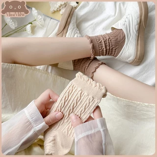 [พร้อมส่ง] ถุงเท้าข้อกลางสไตล์ญี่ปุ่นขอบมนหยัก มี 6 สี น่ารักมินิมอลคลุมโทน ผ้าฝ้ายใส่สบายได้หลายลุค : MiniMilwʕ•ᴥ•ʔ