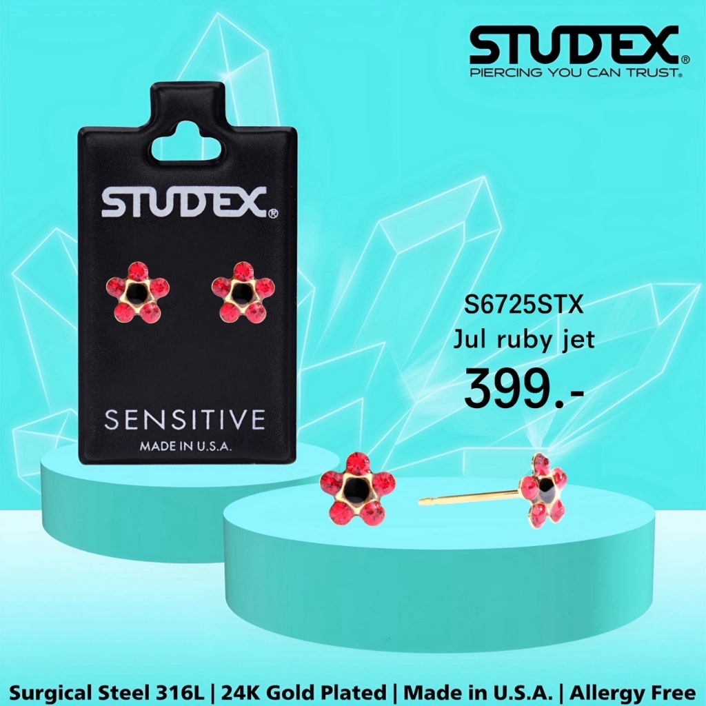 STUDEX S6725STX ต่างหูแฟชั่นสำหรับหูแพ้ง่าย เคลือบทอง 24K JUL RUBY JET